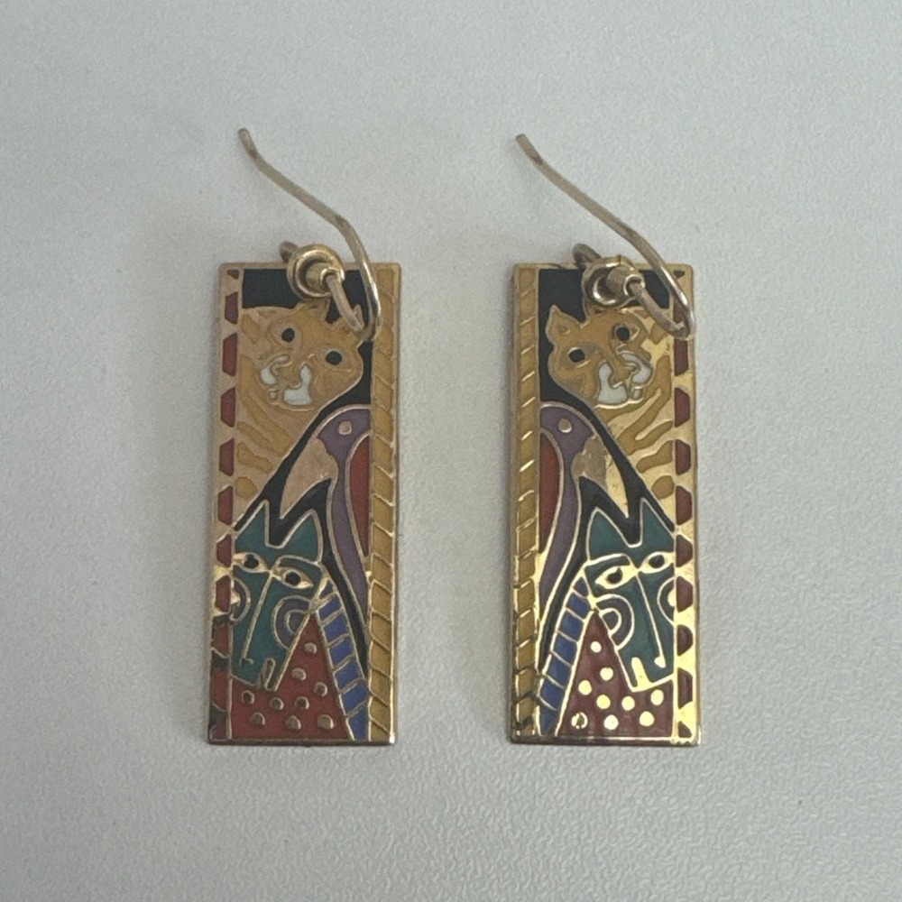 Laurel Burch 1980's"Jungle Friends"Gold Cat Bird Cloisonné Dangle Earrings Rare! - Picture 6 of 13